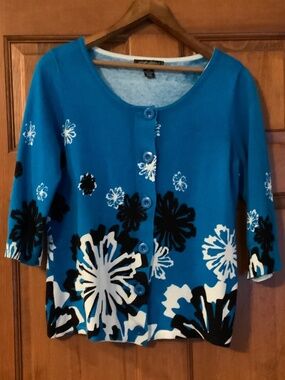 Designers Original Women Cardigan Sweater, Petite Medium, Blue/Blk/Wh